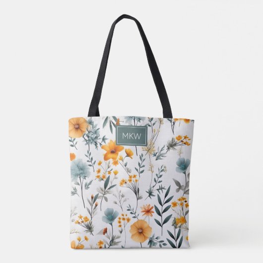 Boheemse Grijs, Salie & Goud Bloemen Monogram Tote Bag (Achterkant)