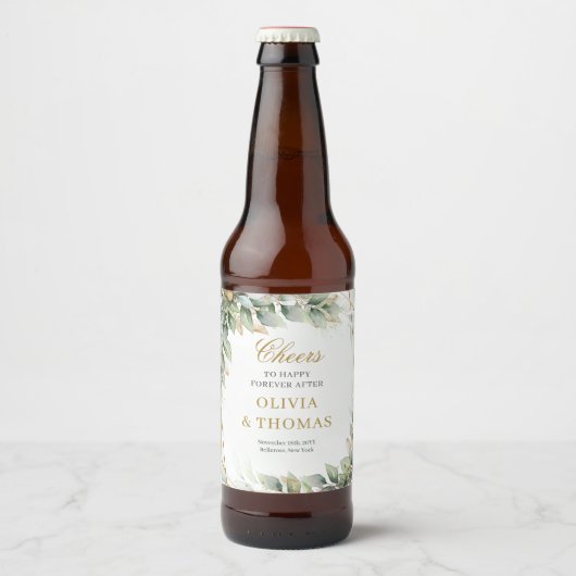 Boheemse groene eucalyptus en gouden bruiloft bier etiket (Voorkant)
