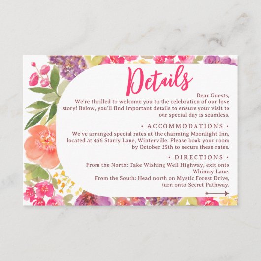 Boheemse heldere florale boog script bruiloft deta informatiekaartje (Voorkant)