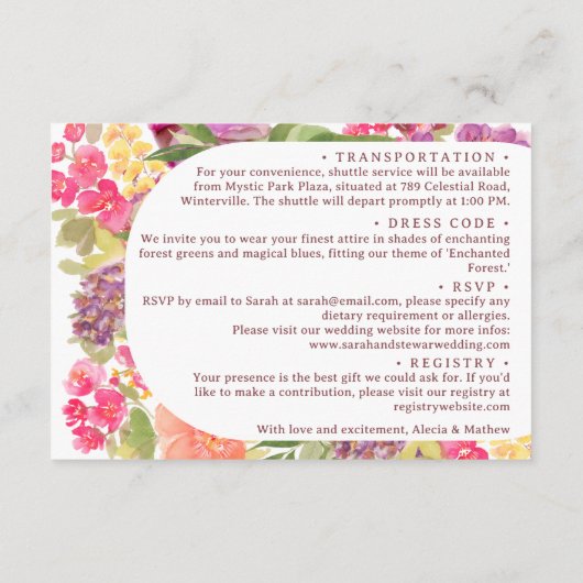 Boheemse heldere florale boog script bruiloft deta informatiekaartje (Achterkant)