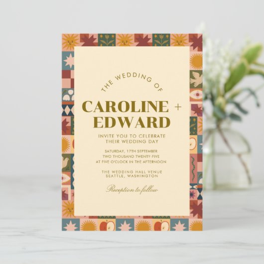 Boheemse hemelse patchwork bruiloft kaart (Staand voorkant)