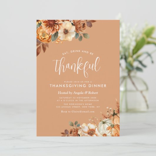 Boheemse herfst Bloemen oranje Thanksgiving Diner Kaart (Staand voorkant)