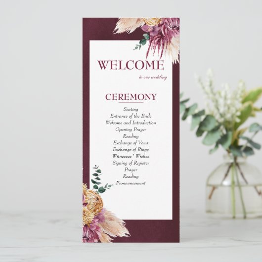 Boheemse Herfst Bourgondië Floral bruiloft program Programmakaart (Staand voorkant)