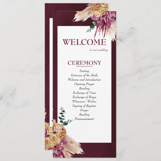 Boheemse Herfst Bourgondië Floral bruiloft program Programmakaart (Voorkant / Achterkant)