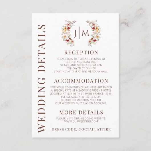 Boheemse Herfst herfst bloemenbruiloft Details Kaa Informatiekaartje (Voorkant)