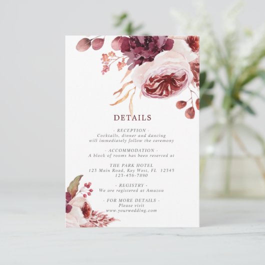 Boheemse Herfst Roos Bloemen Bruiloft Details Informatiekaartje (Staand voorkant)