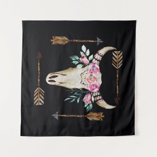 Boheemse herten schedel Waterverf Kunst Wandkleed (Voorkant (horizontaal))