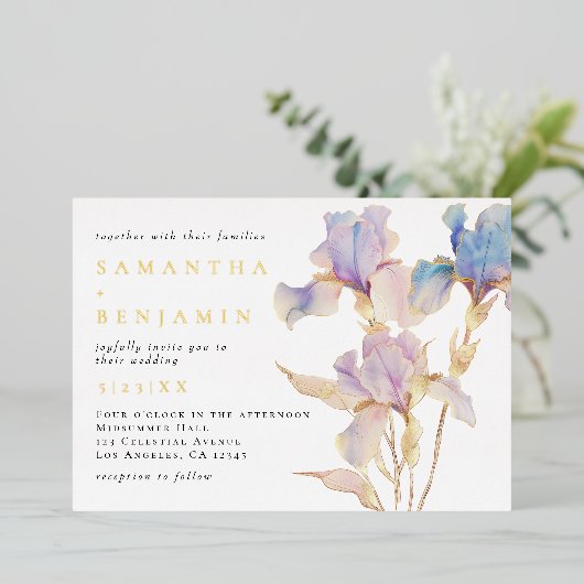 Boheemse Iris bruiloft Folie Uitnodiging (Staand Voorkant)