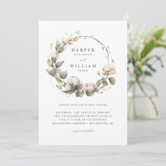 Boheemse katoen & eucalyptus krans bruiloft kaart (Staand voorkant)