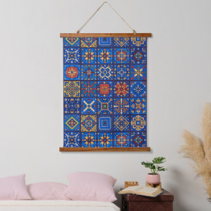 Boheemse kobaltblauwe volkskunst geometrische moti hangend wandkleed