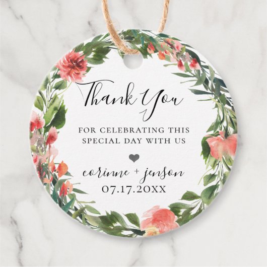 Boheemse koraal bloemkrans bedankjes labels (Voorkant)