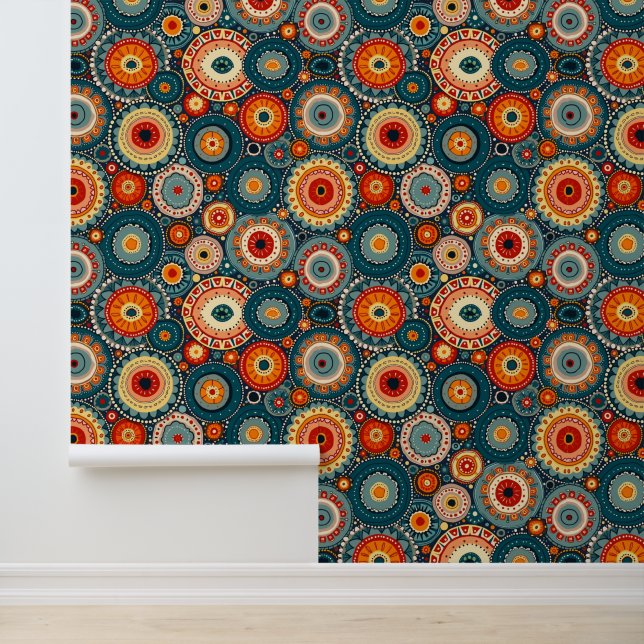 Boheemse Mandala-cirkels | Retro Folk Art Pattern Behang (Applicatie)