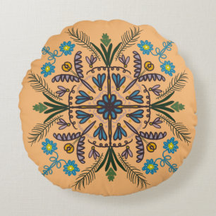 Boheemse Mandala Kleurrijke Botanische Sinaasappel Rond Kussen