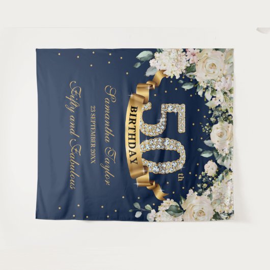 Boheemse marine groen en witte rozen verjaardag wandkleed (Voorkant (horizontaal))