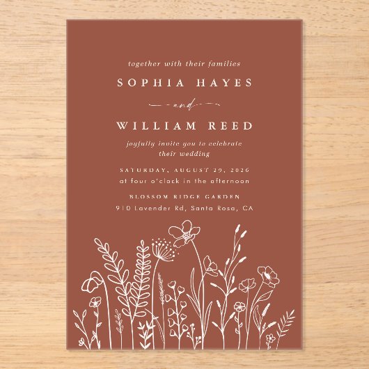 Boheemse minimalistische terracotta bruiloft acryl uitnodigingen (Voorkant)