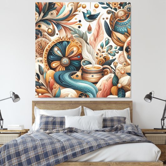 Boheemse mix van blauwgroen, magenta, paarse bloem canvas afdruk (Insitu (Slaapkamer))