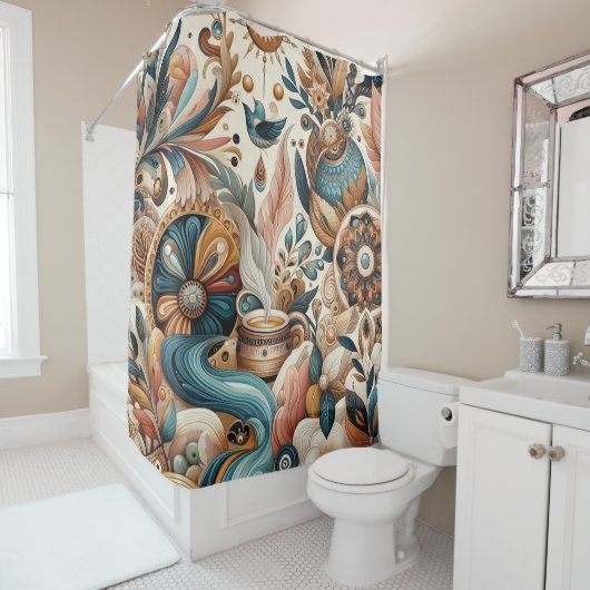 Boheemse mix van blauwgroen, magenta, paarse bloem douchegordijn (In situ)