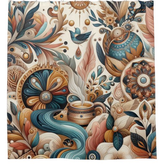 Boheemse mix van blauwgroen, magenta, paarse bloem douchegordijn (Voorkant)