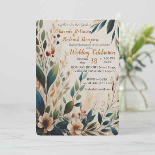 Boheemse mix van blauwgroen, magenta, paarse bloem kaart (Staand voorkant)