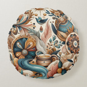 Boheemse mix van blauwgroen, magenta, paarse bloem rond kussen