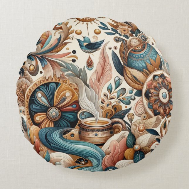 Boheemse mix van blauwgroen, magenta, paarse bloem rond kussen (Voorkant)