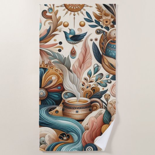 Boheemse mix van blauwgroen, magenta, paarse bloem strandlaken (Voorkant)