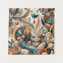 Boheemse mix van blauwgroen, magenta, paarse bloem wandkleed