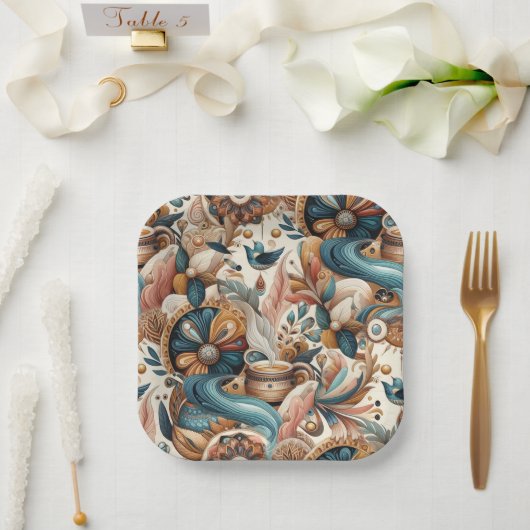 Boheemse mix van blauwgroen, magenta, paarse op cr papieren bordje (Huwelijk)