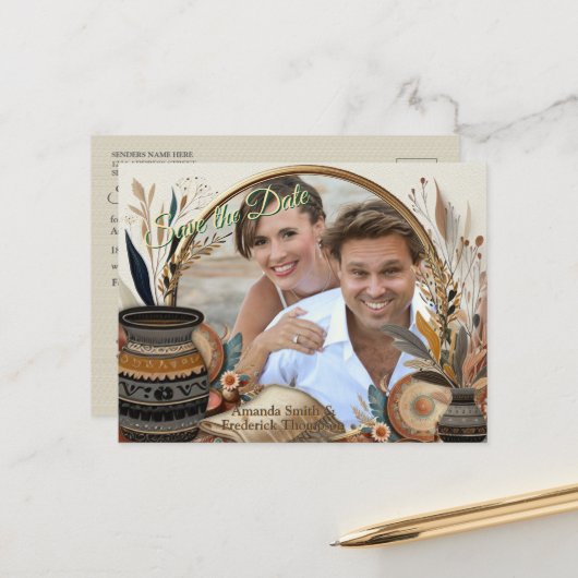 Boheemse mix van kleuren en decor thema aankondigingskaart (Voorkant / Achterkant in situ)