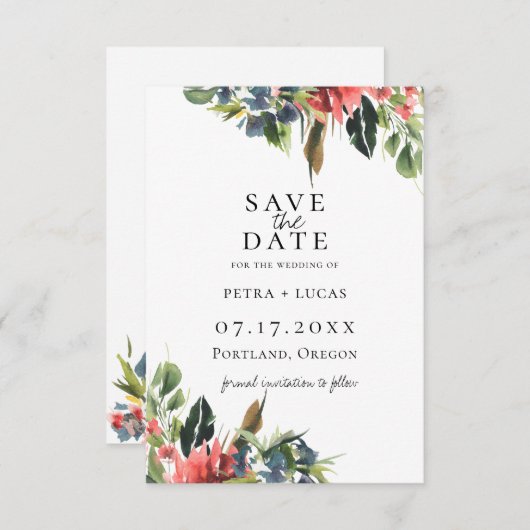 Boheemse Navy Koraal Bloemige Bewaar De Datum Aankondiging (Voorkant / Achterkant)