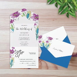 Boheemse Paarse Blauwe Wildflowers Waterverf Art All In One Uitnodiging