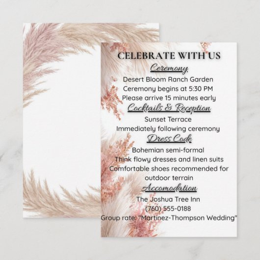 Boheemse pampagras bruiloft details kaart (Voorkant / Achterkant)