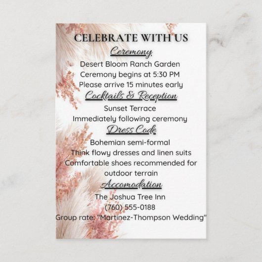 Boheemse pampagras bruiloft details kaart (Voorkant)