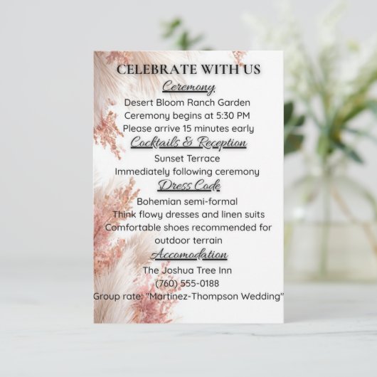 Boheemse pampagras bruiloft details kaart (Staand voorkant)