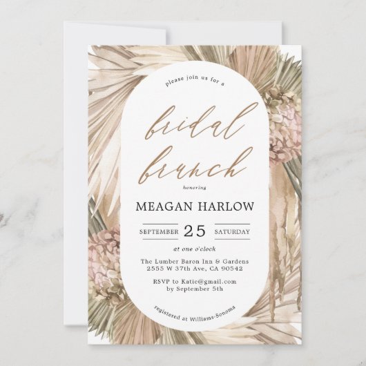 Boheemse pampas gras bruids brunch uitnodiging (Voorkant)
