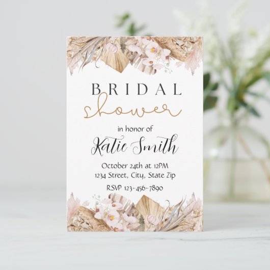 Boheemse pampas gras bruiloft uitnodiging | rustie (Staand voorkant)