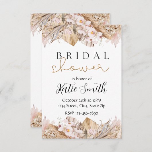 Boheemse pampas gras bruiloft uitnodiging | rustie (Voorkant / Achterkant)