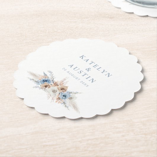 Boheemse pampas gras stoffige blauwe bruiloft kartonnen onderzetters (Gekanteld)