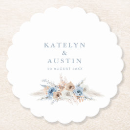 Boheemse pampas gras stoffige blauwe bruiloft kartonnen onderzetters