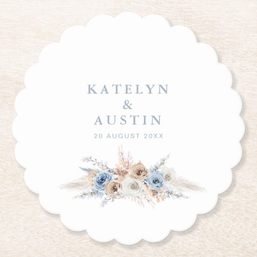 Boheemse pampas gras stoffige blauwe bruiloft kartonnen onderzetters (Voorkant)