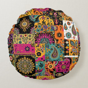 Boheemse patchwork mandala en paisley patroon rond kussen