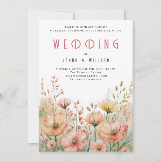 Boheemse perzik wilde bloem bruiloft kaart (Voorkant)