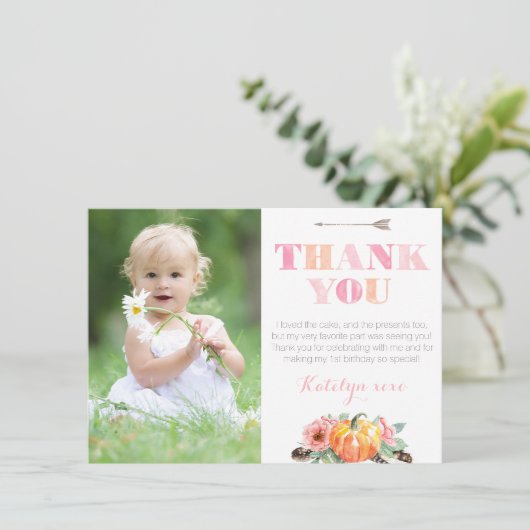 Boheemse pompoenrozen herfst verjaardagsfeest foto bedankkaart (Staand voorkant)