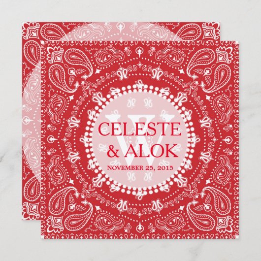 Boheemse rode en witte paisley Indische bruiloft Kaart (Voorkant / Achterkant)