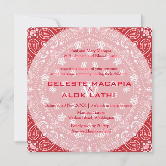 Boheemse rode en witte paisley Indische bruiloft Kaart (Achterkant)