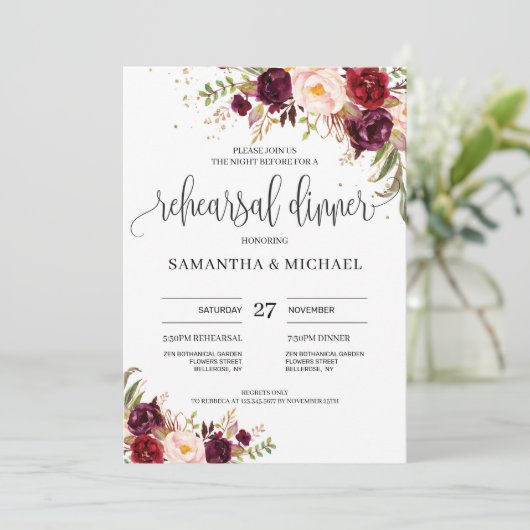 Boheemse rode marsala blush roze repetitie diner kaart (Staand voorkant)