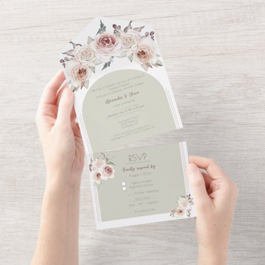 Boheemse Roos boog bruiloft All In One Uitnodiging (Afscheurbaar)