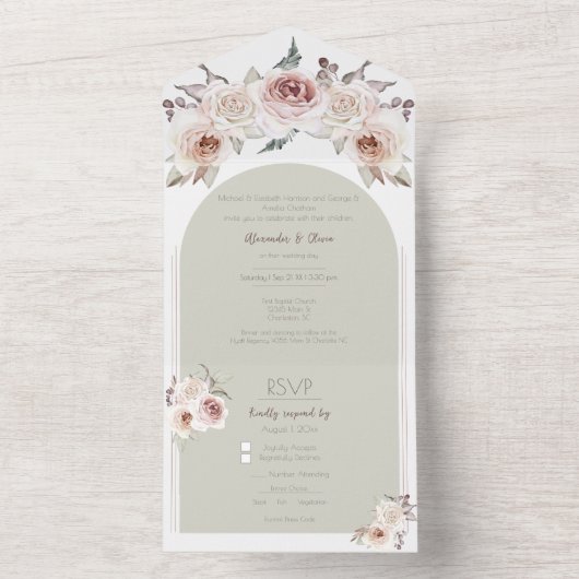 Boheemse Roos boog bruiloft All In One Uitnodiging (Binnen)