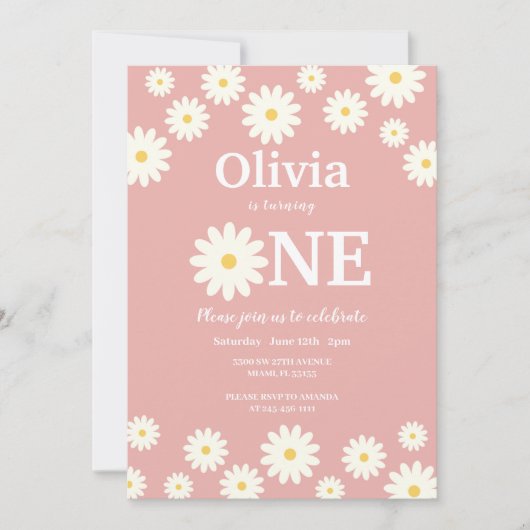 Boheemse Roze Daisy Bloemen 1e Verjaardagsfeest Kaart (Voorkant)