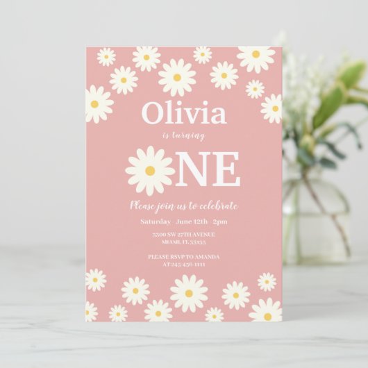 Boheemse Roze Daisy Bloemen 1e Verjaardagsfeest Kaart (Staand voorkant)